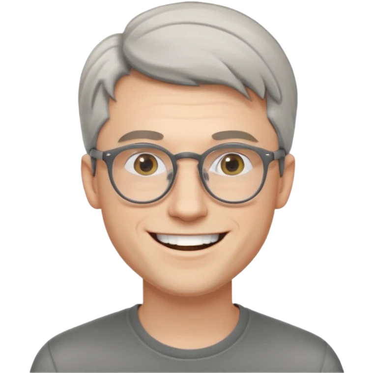 30 yr old pale white man, grey side swept hair, round glasses, big smile, white teeth, handsome, longer hair, thin glasses emoji