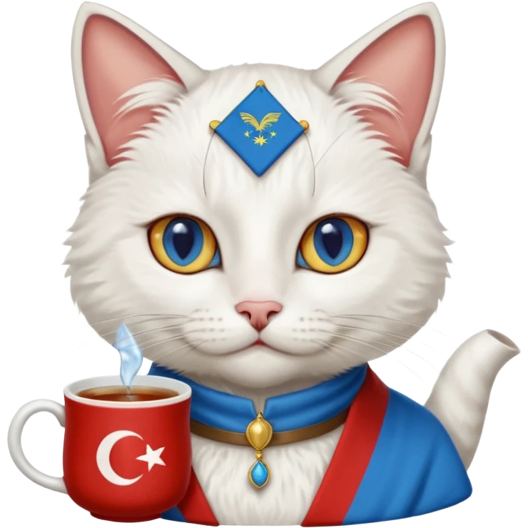 Arkasında Türk bayrağı olan  ve çay içen kafasına fes takan bir van kedisi emoji