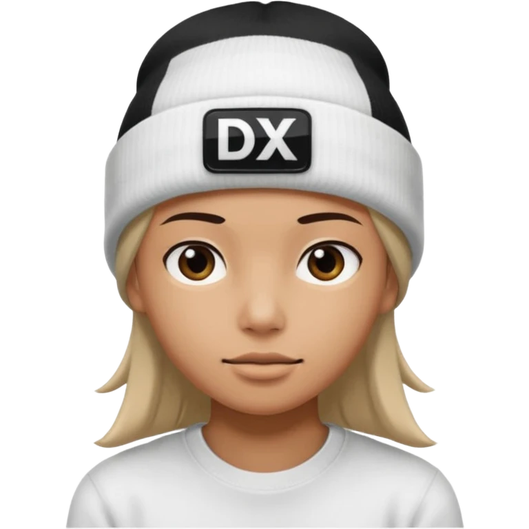 wearing a white beanie with an black square logo with the word "DX" written on it.

 emoji