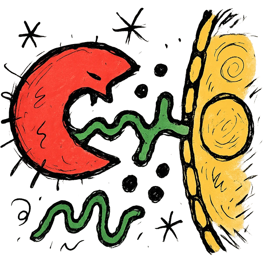 Ultra-detailed emoji-style illustration of enzyme digestion: Red amylase breaking green starch into sugars near a yellow cell membrane. Clean white background, no text. Scientific but simple emoji