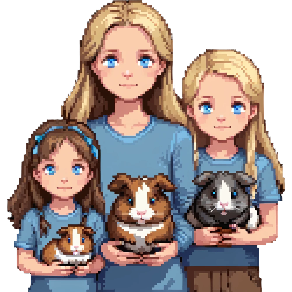 Family portrait with father with dark brown hair and blue eyes, mother with light brown hair and blue eyes, three blonde little girls with blue eyes, plus a grey cat and two guinea pigs emoji