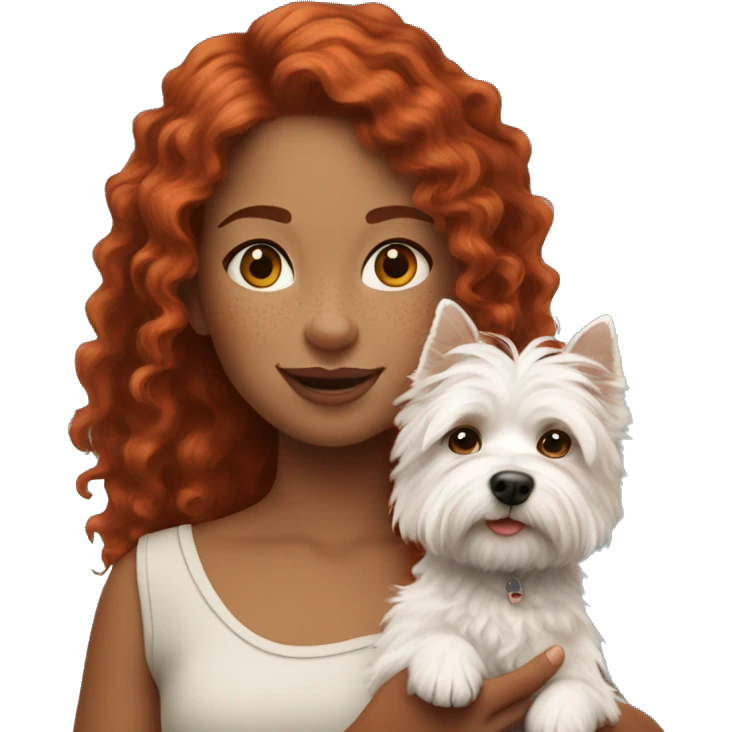 girl with curly red hair and freckles holding a west highland terrier emoji