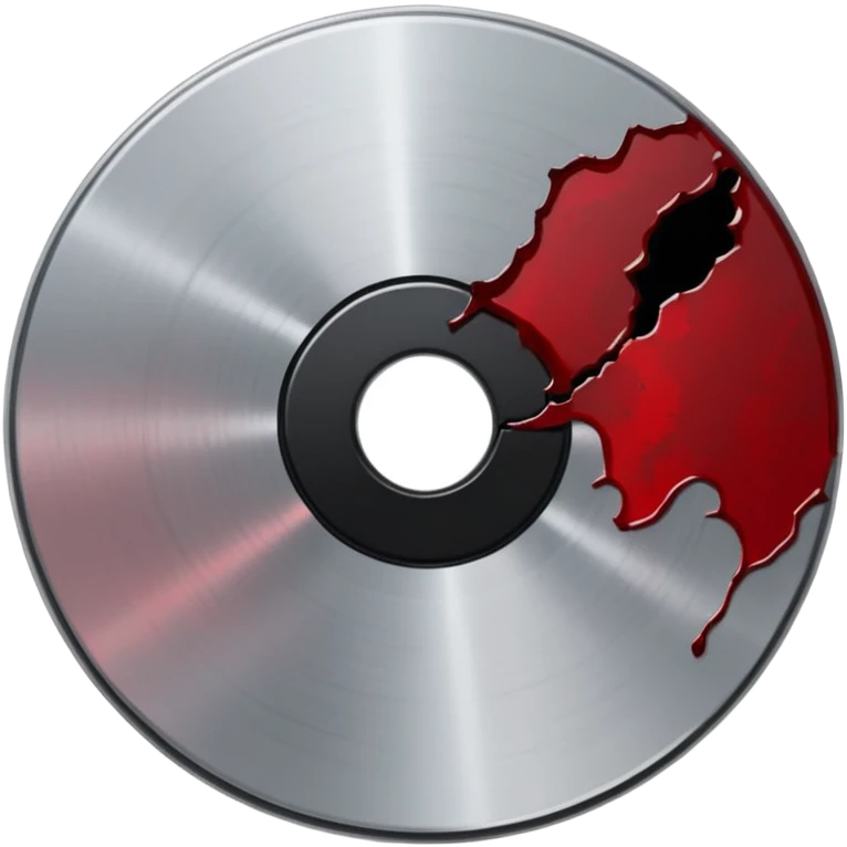 Minimalist emoji-style sticker of a single CD with a sharp crack and a dried blood spot. View from above, black, gray, and muted red.
 emoji