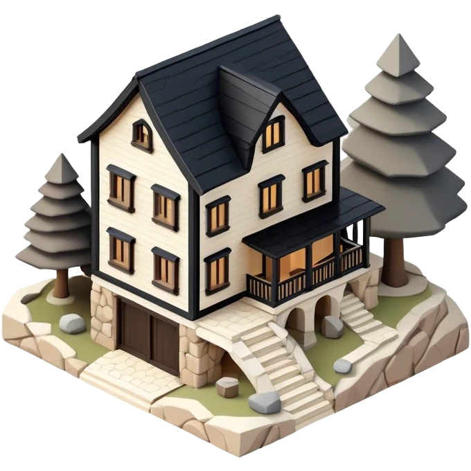 Isometric exterior little black, beige, and white mountain house, dollhouse style 3D realistic  emoji