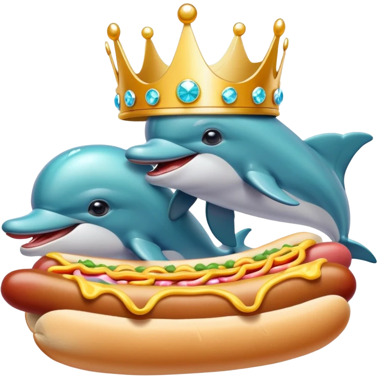 Dolphins wearing a sparkly crown eating hot dogs Japanese emoji