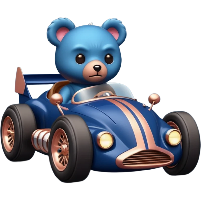 Real-proportioned dark blue and rosegold-accented  retro racing car driven by furry-faced small evil alien scary teddy bear with rear spoiler emoji