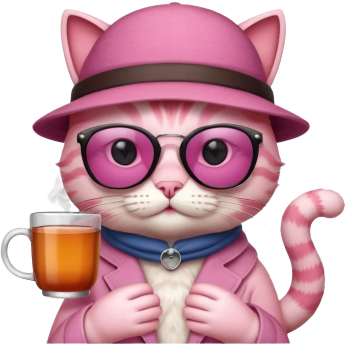 Pink cat with hat, holding cup of tea, wearing sunglasses emoji