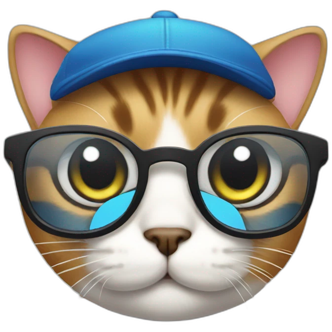 a cat with big eyes wearing glasses and a cap emoji