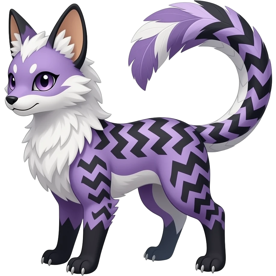Slim elegant realistic Asian Furry, chevron-patterned feathery fluffy tropical flecked painted feathery scaly, Purple, white, black, Minccino-Bambino-Lykoi-Linoone-Zangoose-fusion-hybrid-animal-Fakémon-creature, full body, thin long sleek scaly tail, intricate markings emoji