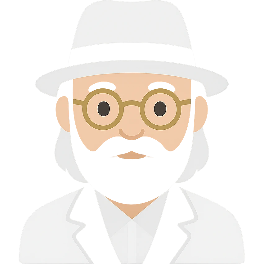 old man with a white hat, slightly long white beard, white moustache, round glasses, white suit, white longish hair, color icon emoji