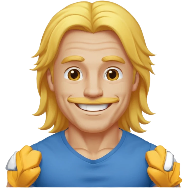 muscled happy guy, long yellow hair, blue t-shirt emoji