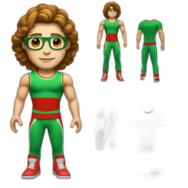 retro 70s red and green gym clothes for a modern white brunette uni male student with glass emoji