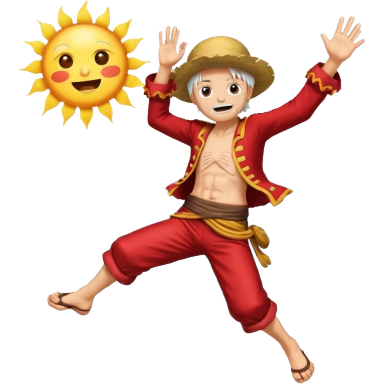 the king of the pirates (luffy) with white hair and clothes jumping in front of the sun emoji