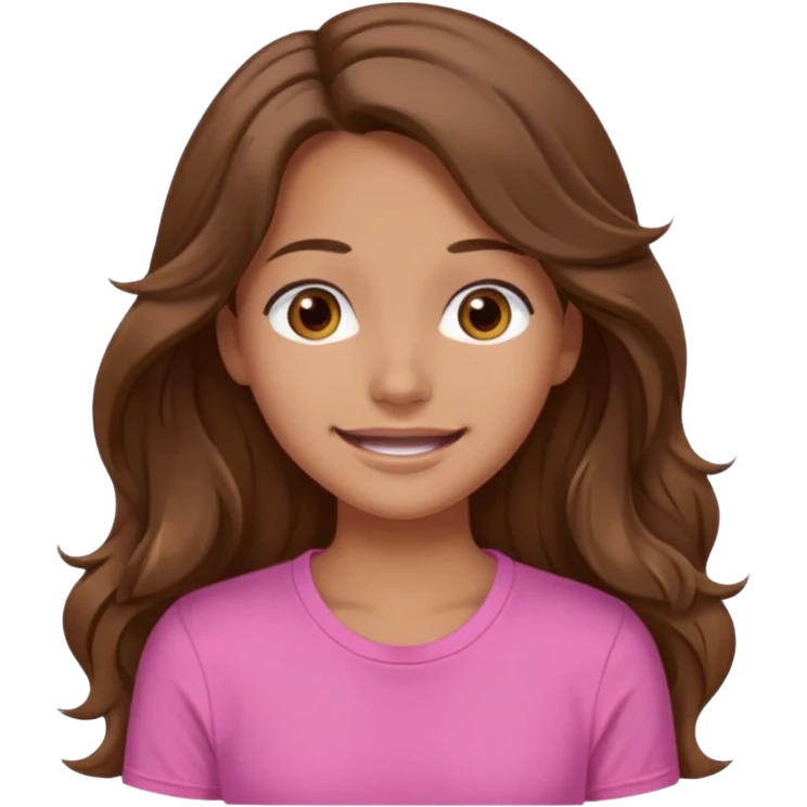 A pretty girl with tan skin and long wavy hair, wearing a pink basic shirt with brown eyes and a closed mouth smile emoji