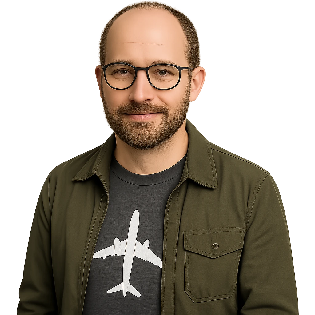 Edit the image to add a little more brown hair to the top with a slightly balding look, make the glasses smaller, keep the lifelike style, show a close trimmed beard, and emphasize an aviation geek theme. Remove the background entirely. emoji