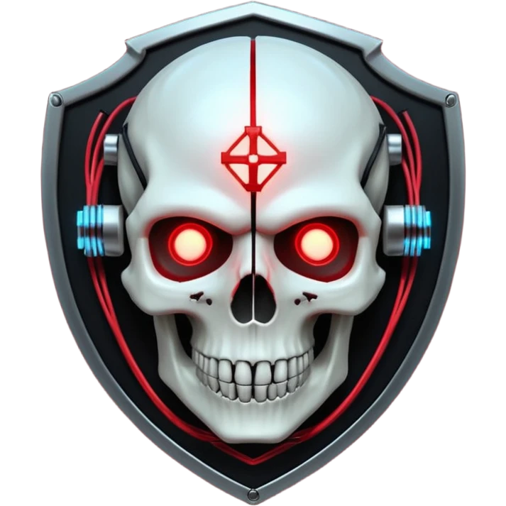 Cyberpunk shield, skull with cybernetic implants, glowing wires, dark electric red and black tones, no background emoji