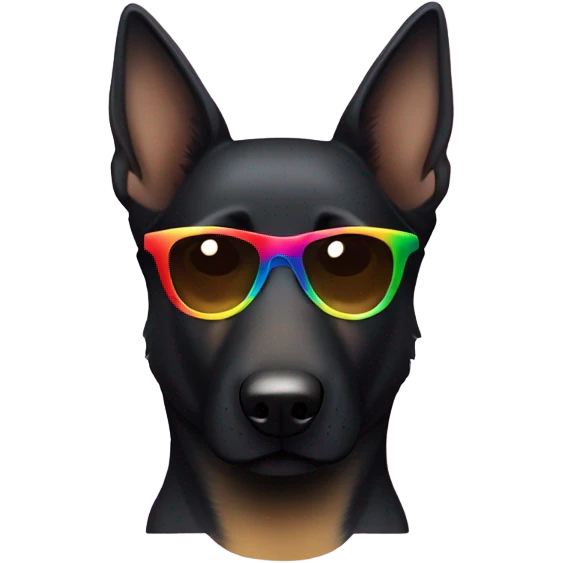 Black German Shepard with brown eyebrows and highlights with rainbow sunglasses emoji