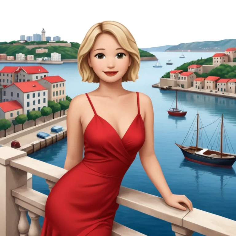 jennifer lawrence, red dress leaning on a balcony with a harbor and cityscape in the background, smiling emoji
