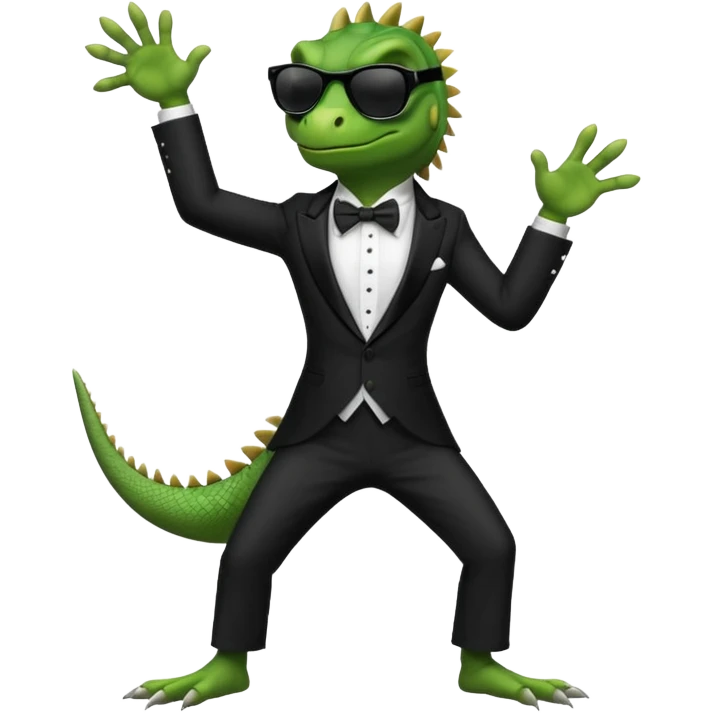 capitalist iguana in tuxedo with black sunglasses dancing emoji