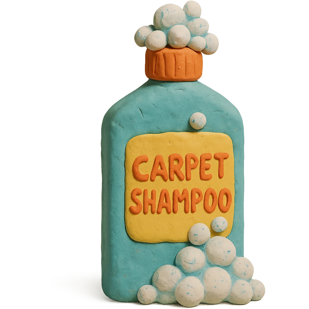 carpet shampoo bottle with bubbles and suds, playful look, claymation style emoji