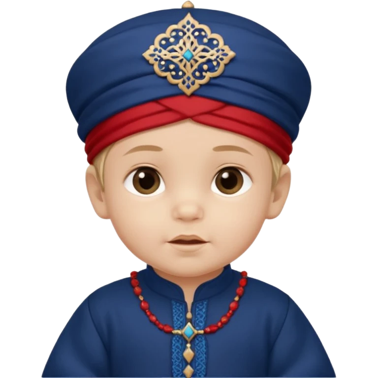  Caucasian baby boy dressed in a dark blue ghalibiya with delicate decorations with a Red Moracain hat  emoji