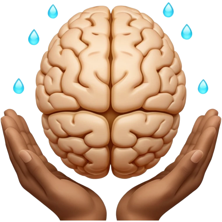 two hands gently holding a floating, glowing brain emoji