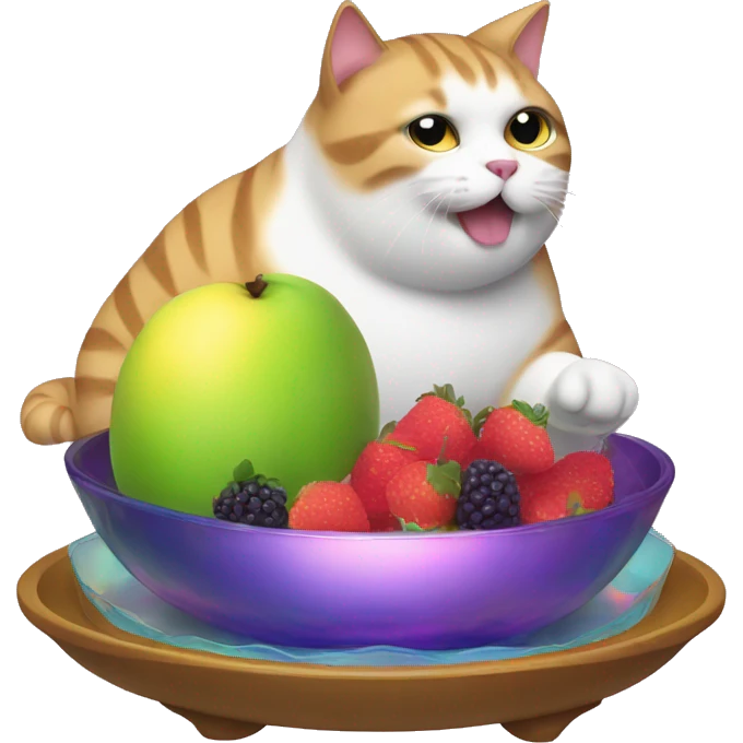 Fat Cat eating a iridescent fruit tray emoji