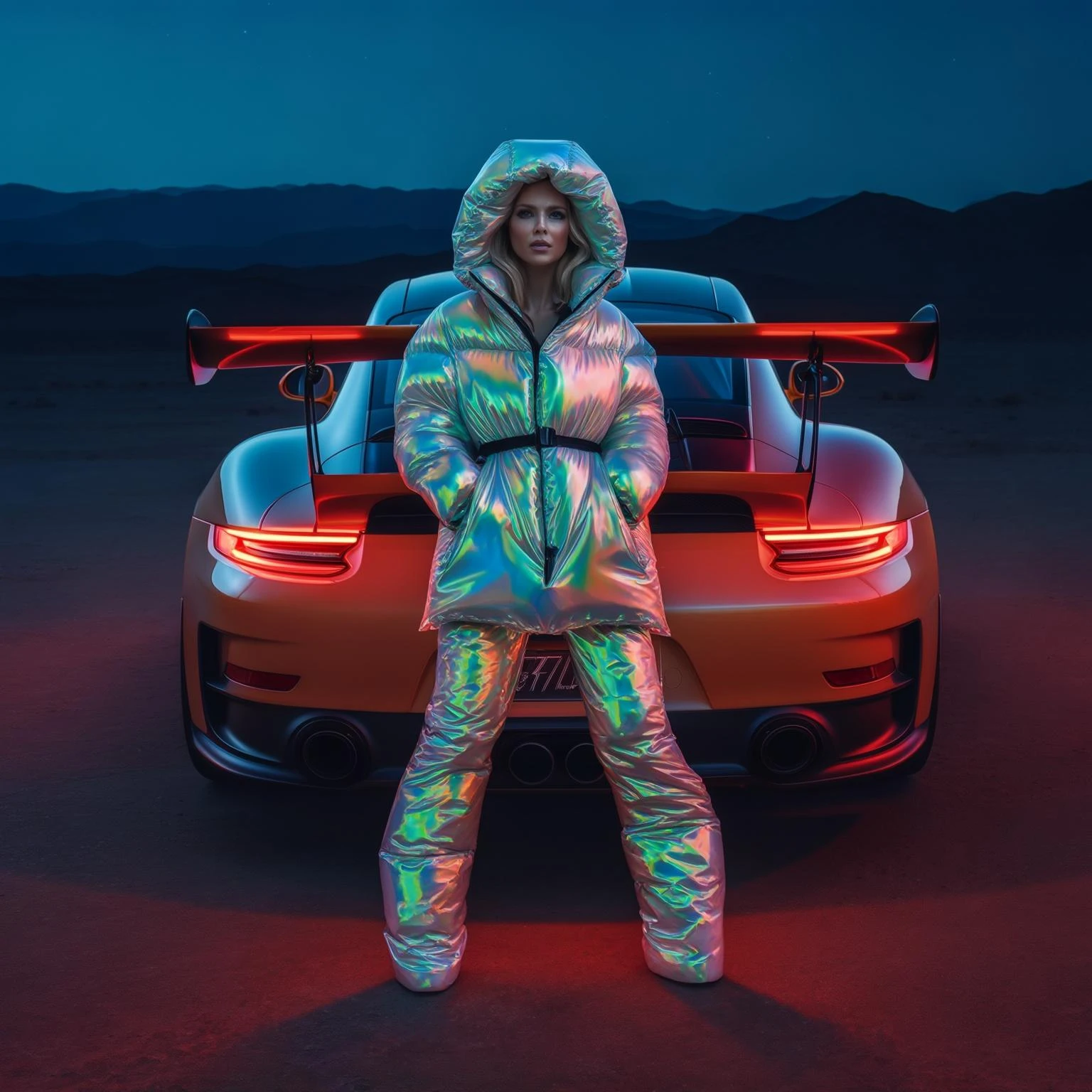 Closeup shot, Top view Photo of a woman dress in abstract holo puffer Louis Vuitton outfit, express body, porsche 911 gt3 rs, soft light, red light in background, woman on desert during night with spot light, blue minimalistic sky in background, studio, layared composition, mountains in background, emoji