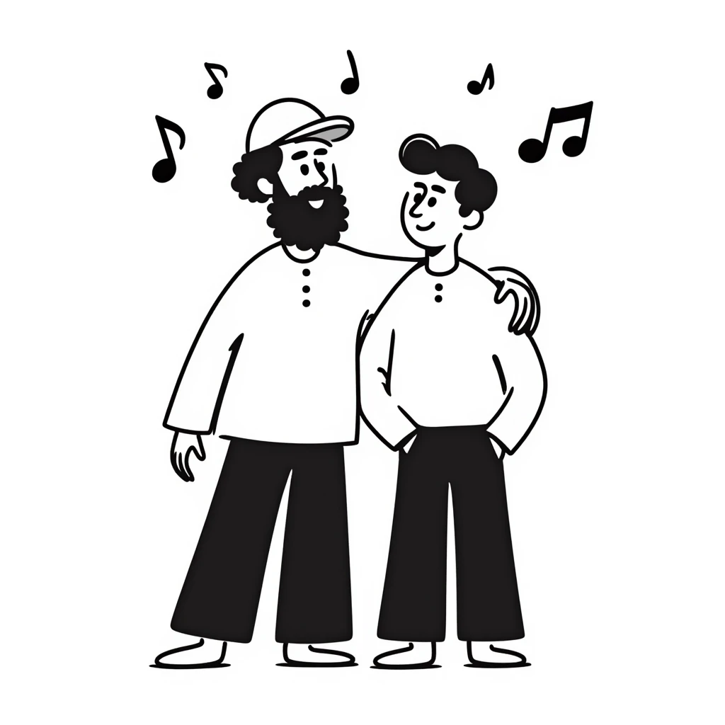 A taller 35-year-old musician with beard and backwards cap with his arm around the shoulder of his shorter, younger 25-year-old musician brother. Both facing forward, smiling. Obvious height difference between them. Music notes floating around and band members celebrating in background. emoji
