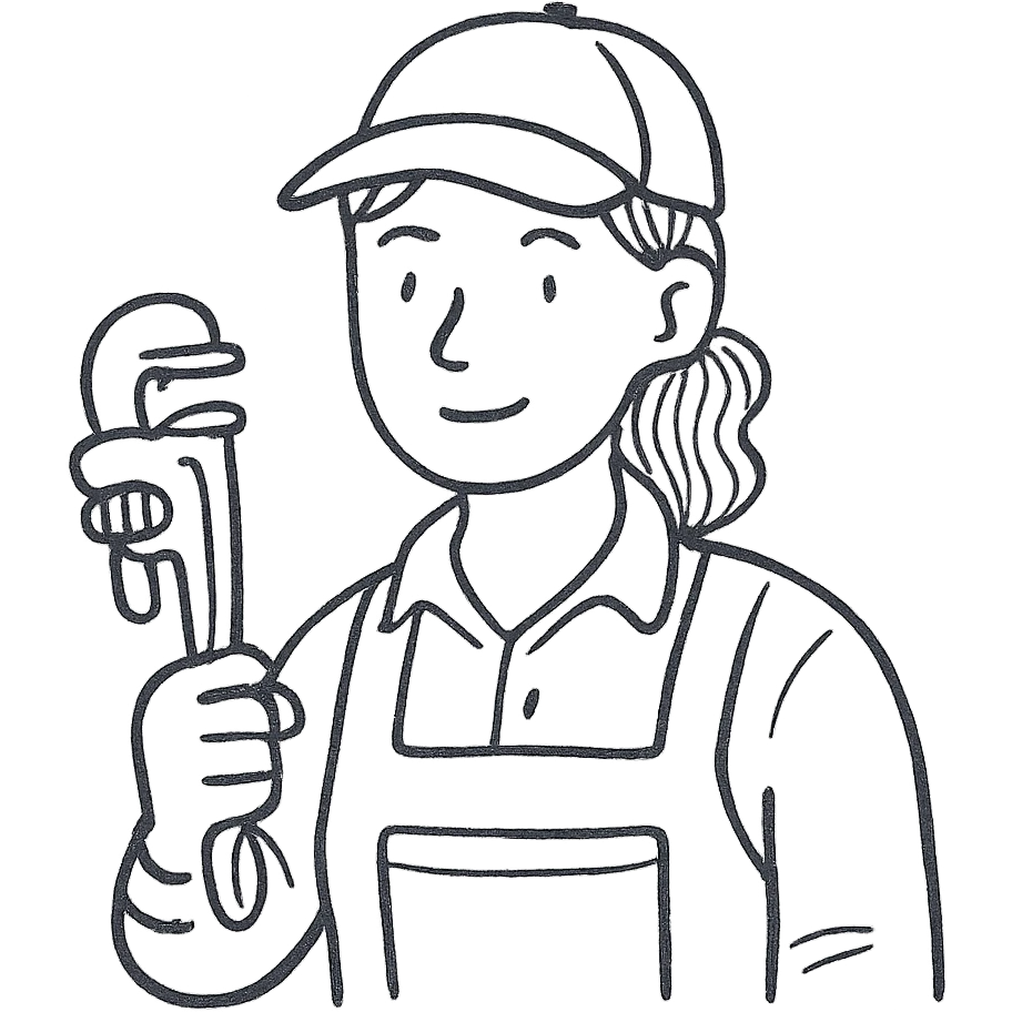 female plumber, woman in work clothes holding a pipe wrench, simple lines, hand drawn outline style emoji