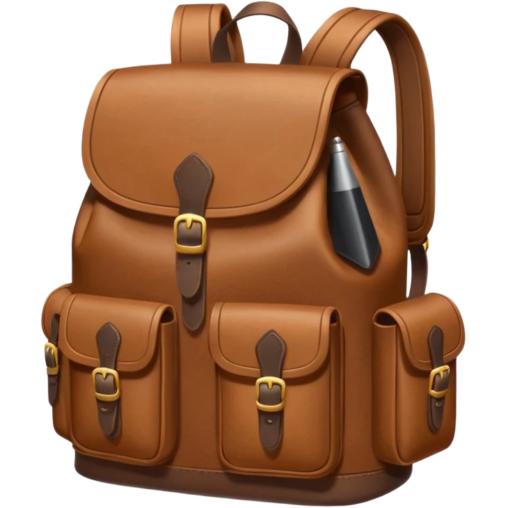 Draw a leather backpack using a front camera with an 80-degree angle from the ground, ensuring the object remains stationary without rotation or tilt. emoji