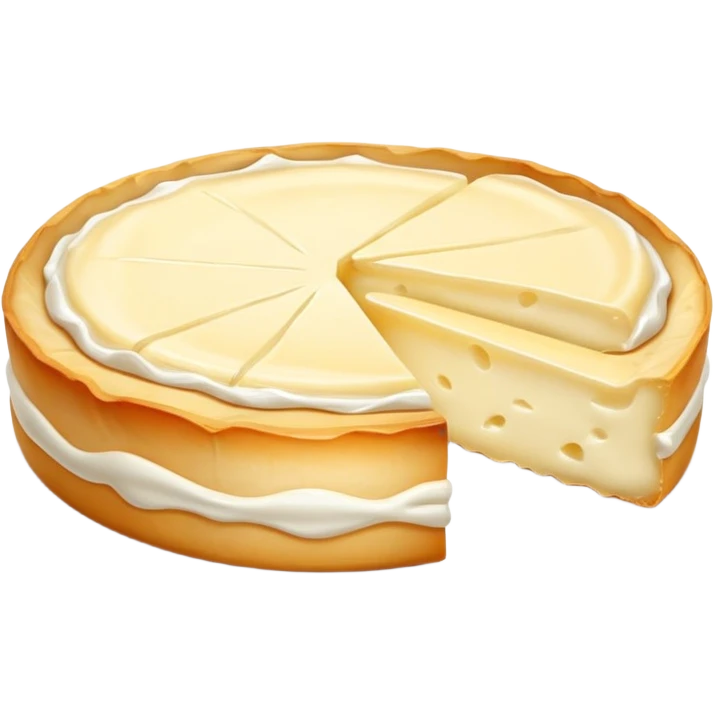 cinematic-realistic-brie-cheese-emoji,-featuring-a-creamy gooey center,-soft-ripened-cheese-with-a-delicate-rind-rendered-with-lifelike-detail-and-inviting,-natural-lighting. emoji
