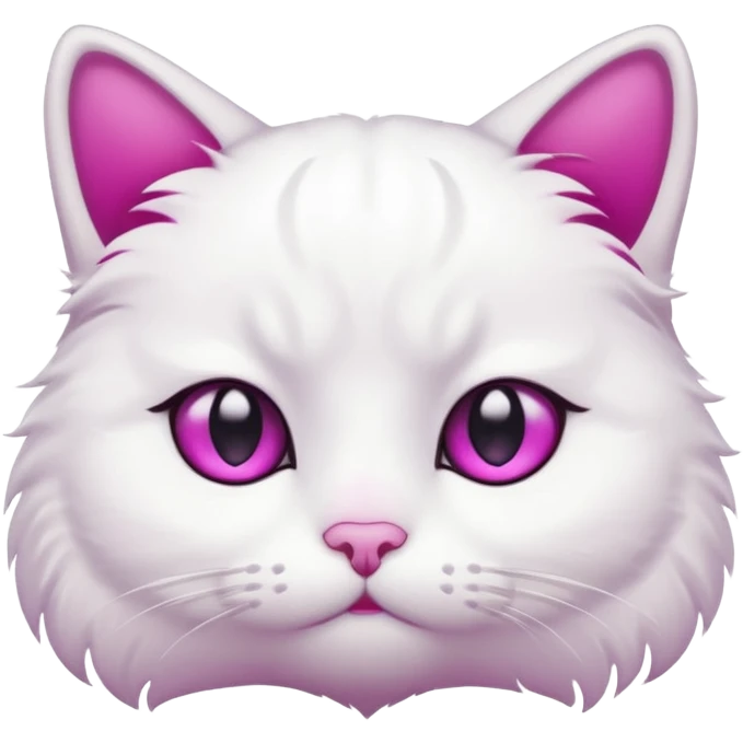 White cat, sad face, tear drop below one eye, magenta eyes, black background, cute cartoon style emoji