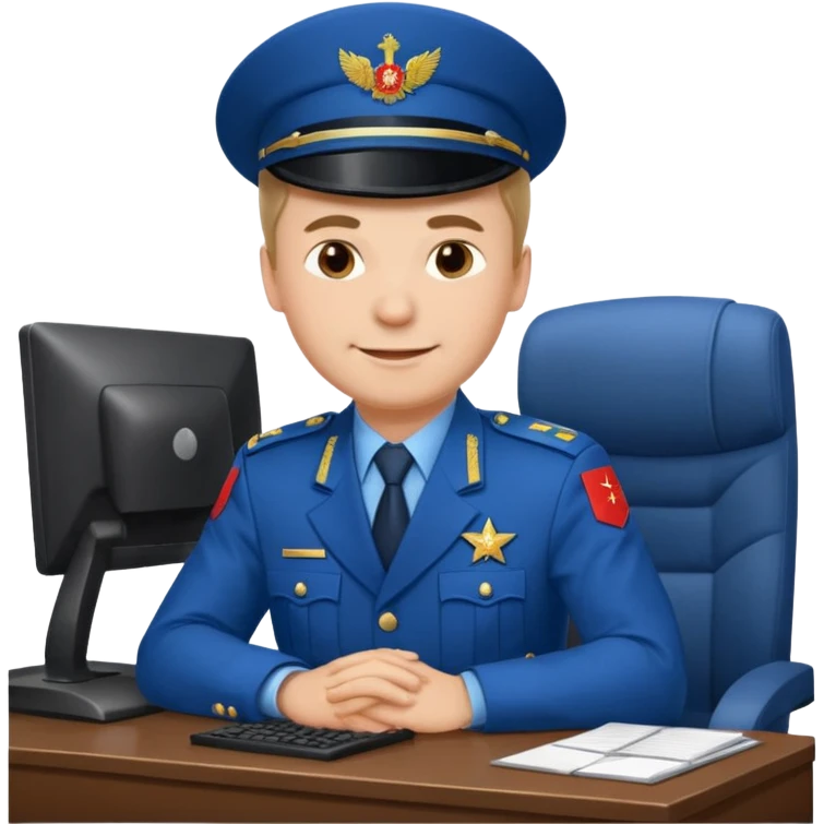 Мужчина в российской прокурорской форме, сидит за компьютером с улыбкой (синяя форма) emoji