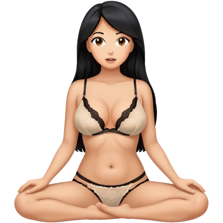 SFW Intimate pose, adult woman, long black hair tanned, lingerie covered breasts showing areola SFW, sitting up front emoji