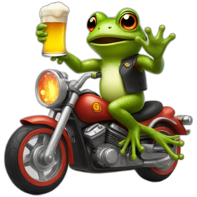 Frog riding motorcycle with fire exhaut and beer in one hand emoji