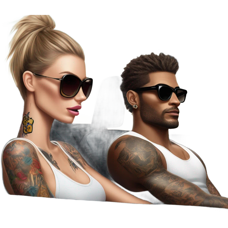Photo of Victoria secret model driving in a sports car with a tattooed male model  emoji
