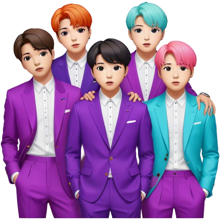 Cinematic Realistic group portrait of BTS featuring all 7 members in stylish modern attire, with detailed facial expressions and vibrant colors, captured in dynamic, contemporary lighting that emphasizes their global pop icon status emoji