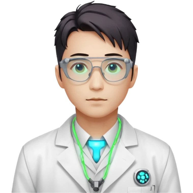 Cyberpunk scientist, Japanese male, high-tech glasses, glowing data reflection on lenses, lab coat collar, neural interface on temple, white neon lighting emoji