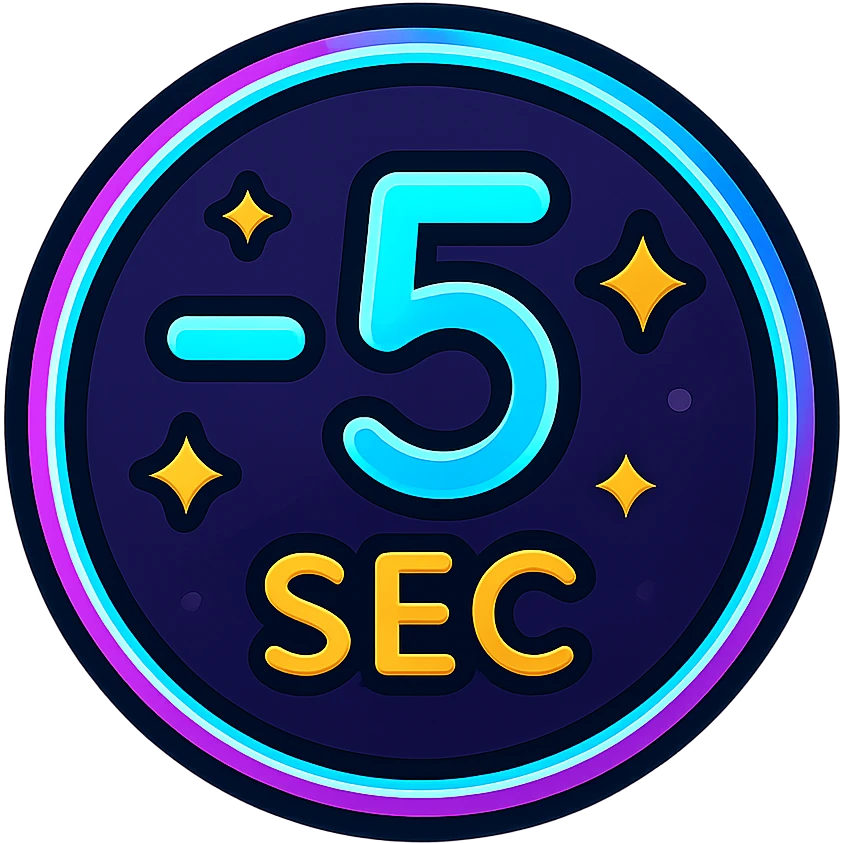 -5 sec icon with dark purple, blue, and black base, bright accents, complex gradients, stars, bright neon border, modern clean -5 seconds symbol, glow and lighting effects, sophisticated futuristic icon style emoji