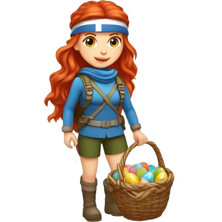 Greek Female winter mountaineer red hair white skin climbing with Greek Flag and Easter eggs basket emoji