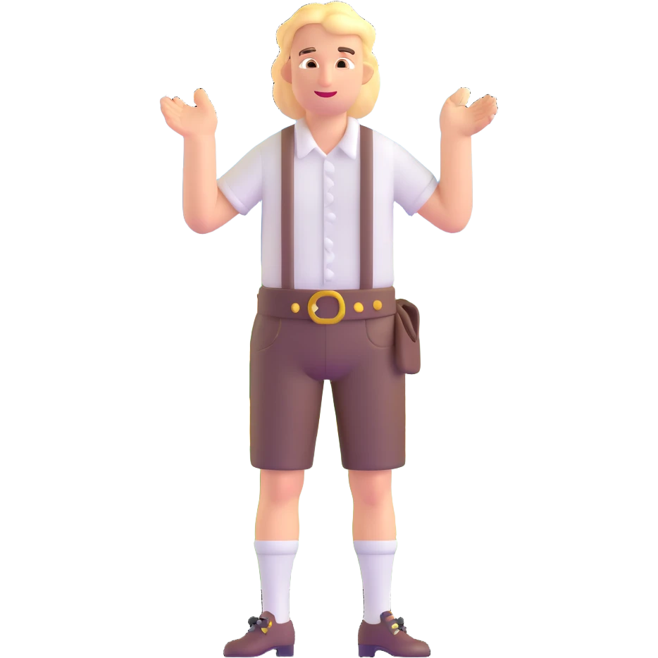 German person in Bavarian lederhosen shrugging with Sicily landscape in background emoji