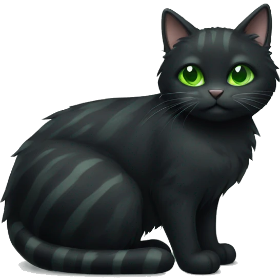 fluffy black cat with green eyes and grey stripes emoji