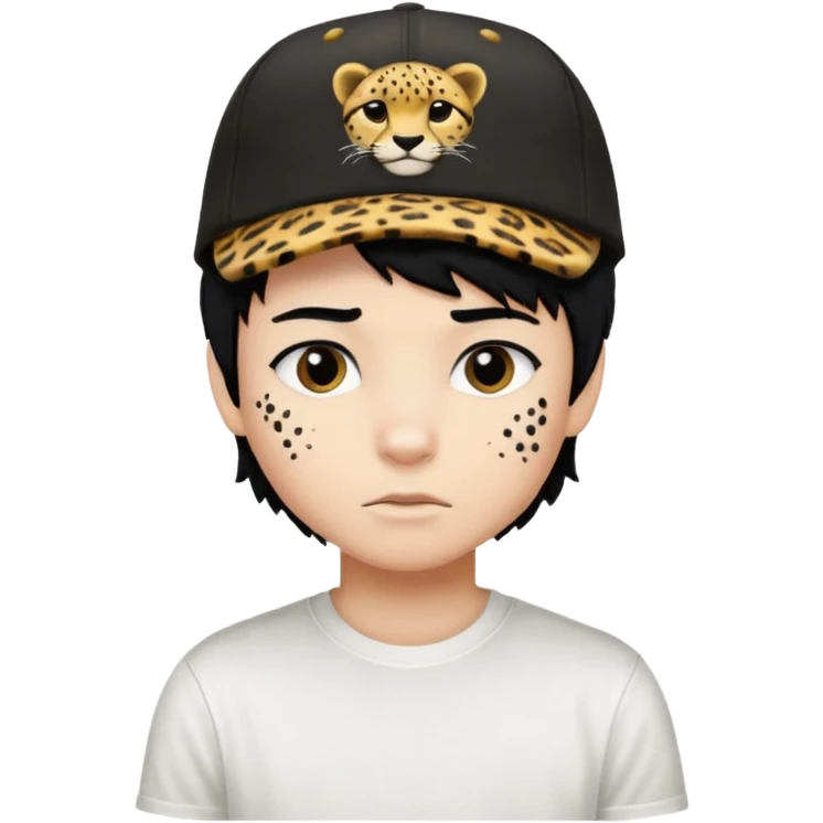 Boy with black hair and a cap that has the phrase #jimmy written on it with cheetah print texture, and white shirt emoji emo emoji