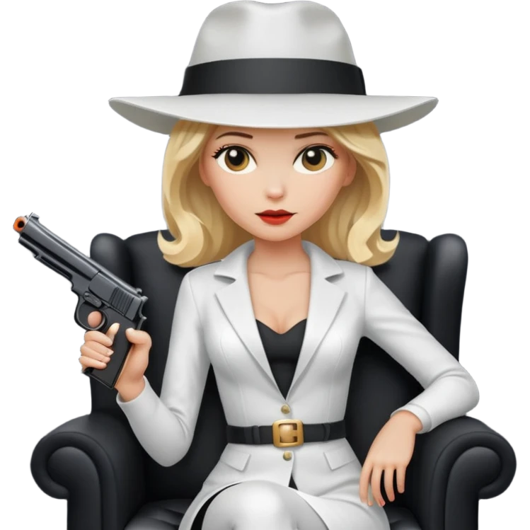 Mafia blondes Evil woman in hat , gun ,black armchair , white costume  emoji