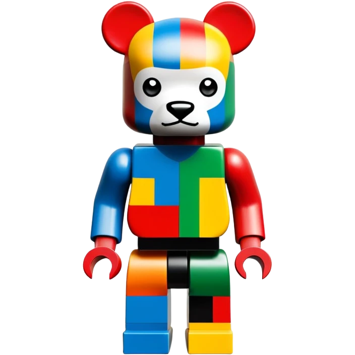 Lego style hustler bearbrick toy figure with X symbols for eyes, blocky Lego aesthetic, graffiti prints emoji