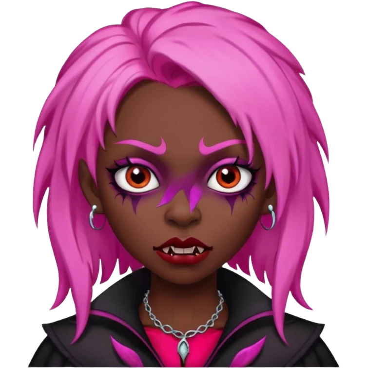 girl,darksinvampire, pink hair, very longhair , shaggy, dark, spooky,double eyebrow dermal piercing, creepy expression emoji