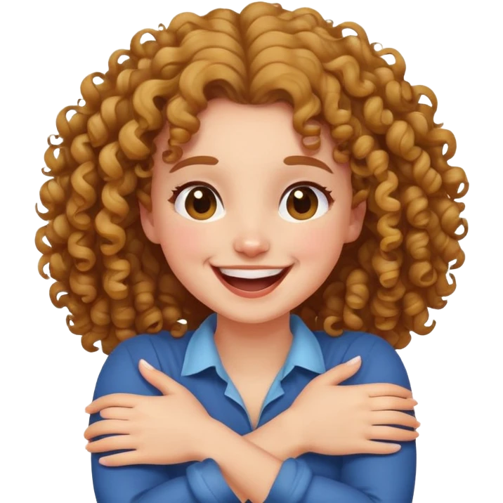 Curly hair girl with arms cross holding neck laughing emoji