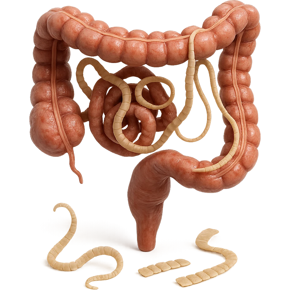 hyperrealistic detailed 3D view of human intestine with tapeworm parasites, some tapeworm segments in foreground, realistic colors, 4K, isolated on white background emoji