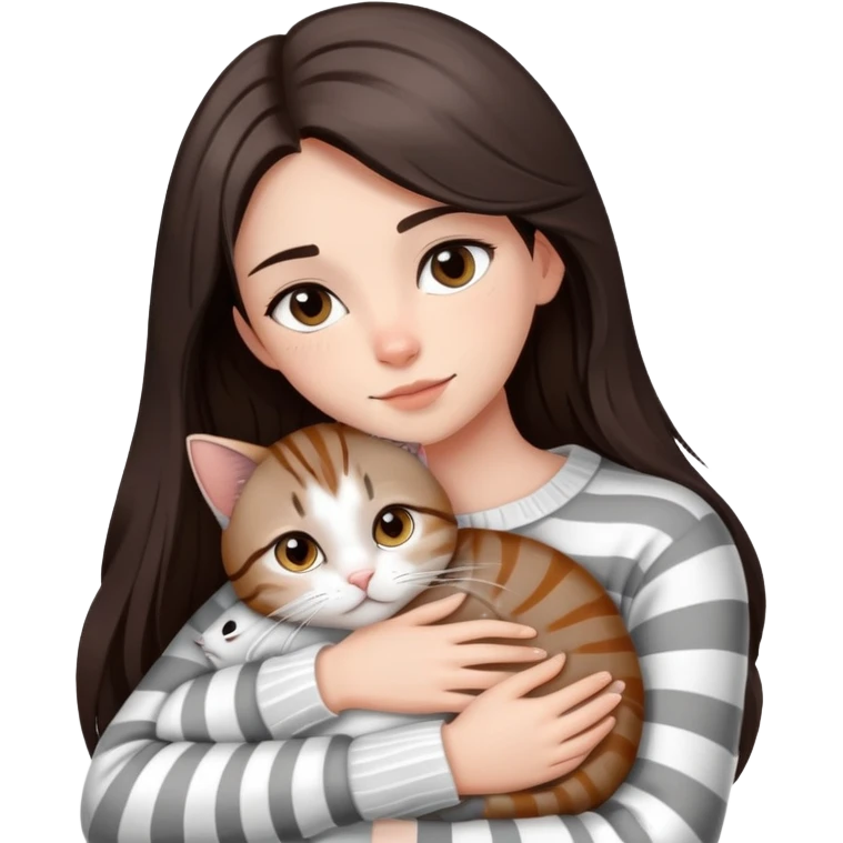 a girl with long dark brown hair, in a
white sweater and brown eyes, hugs a tabby
grey and white strips one cat.  emoji